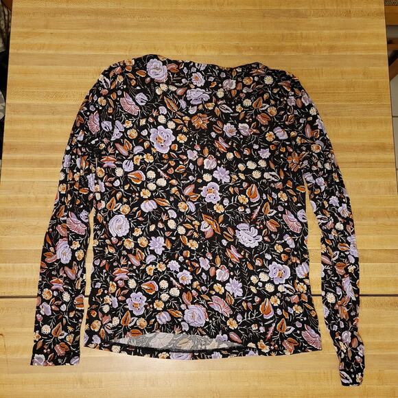 Ann Taylor Women's Medium Floral Print Blouse Black Multi Stretch - Picture 4 of 6